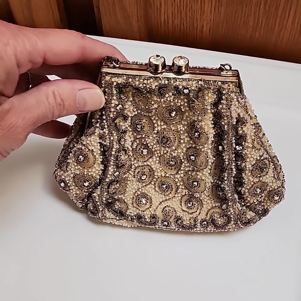 Elegant Beaded Clutch in Cream and Brown